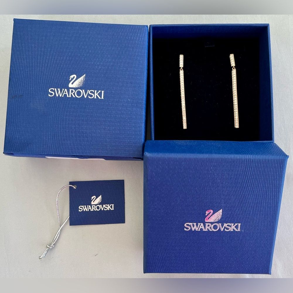 Swarovski Game Pave Crystal & Rose Gold Long Earrings New 5007755 MSRP $145